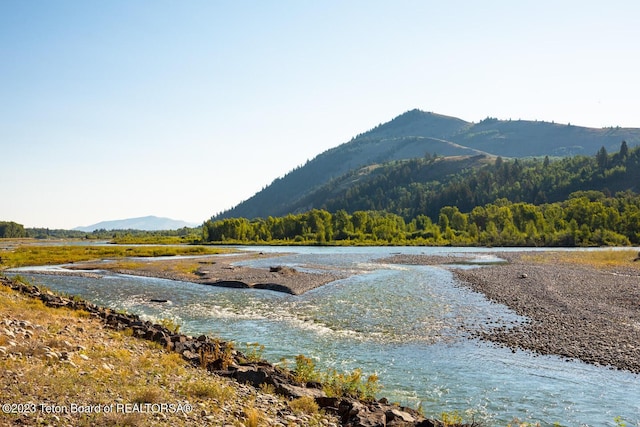 view of mountain background featuring a heavily wooded area and a large body of water