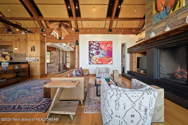 1987 N Spirit Dance Rd, Jackson, WY 83001 - living area with wood finished floors, beamed ceiling, and coffered ceiling