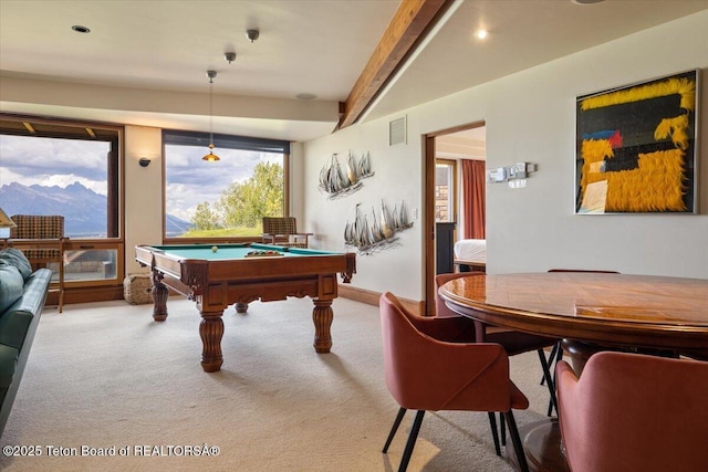 1987 N Spirit Dance Rd, Jackson, WY 83001 - recreation room with light carpet, beamed ceiling, pool table, and recessed lighting