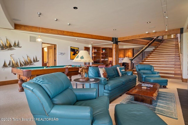 1987 N Spirit Dance Rd, Jackson, WY 83001 - rec room with beamed ceiling, carpet floors, billiards table, baseboards, and recessed lighting