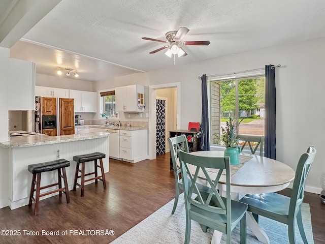 566 Jefferson St, Afton, WY 83110 - dining space with ceiling fan, dark wood-style floors, and a textured ceiling