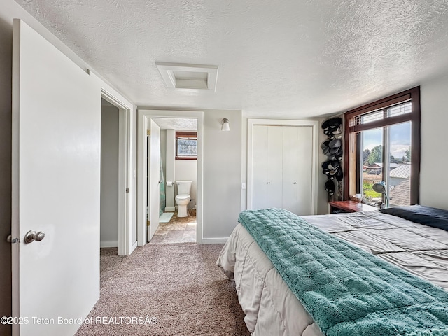 566 Jefferson St, Afton, WY 83110 - bedroom featuring attic access, a textured ceiling, carpet flooring, and a closet