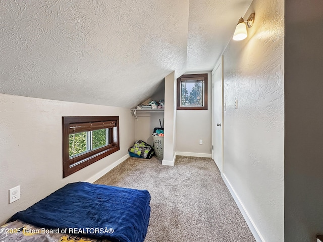 566 Jefferson St, Afton, WY 83110 - bedroom featuring a textured ceiling, vaulted ceiling, and carpet flooring