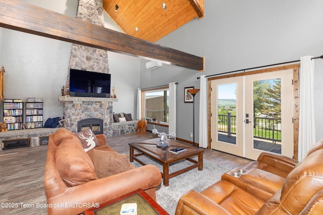 2840 E Dry Crk, Afton, WY 83110 - living room featuring high vaulted ceiling, a fireplace, wood finished floors, french doors, and a wood ceiling with exposed beams