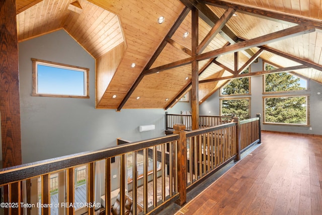 2840 E Dry Crk, Afton, WY 83110 - hallway featuring an upstairs landing, wood finished floors, healthy amount of natural light, high vaulted ceiling, and wood ceiling
