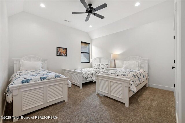 346 S Leigh Ranch Rd, Tetonia, ID 83452 - carpeted bedroom with vaulted ceiling, recessed lighting, and a ceiling fan