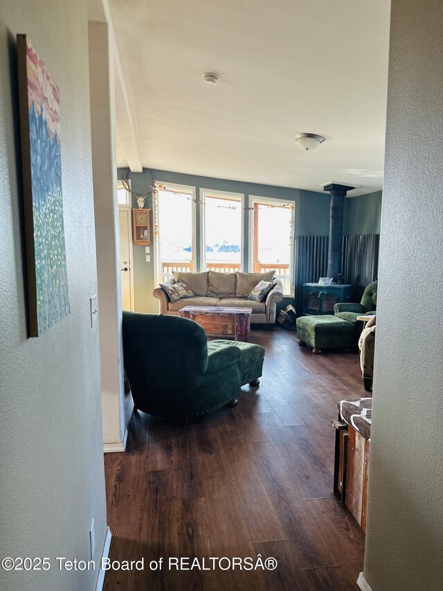 27 Chief Joseph, Daniel, WY 83115 - living area with a wood stove, wood finished floors, and a textured wall