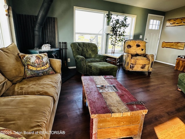 27 Chief Joseph, Daniel, WY 83115 - living room featuring a wood stove and dark wood finished floors