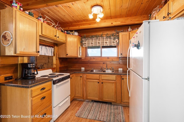 11 E St, Star Valley Ranch, WY 83127 - kitchen with white appliances, dark countertops, light wood-style flooring, wood ceiling, and wooden walls