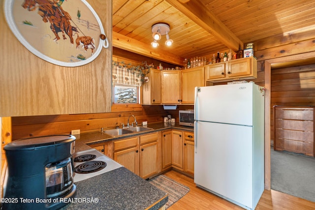 11 E St, Star Valley Ranch, WY 83127 - kitchen featuring freestanding refrigerator, a wood ceiling with exposed beams, stainless steel microwave, dark countertops, and wooden walls