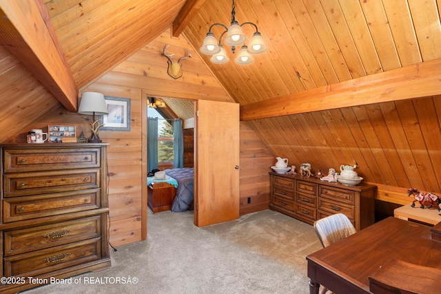 11 E St, Star Valley Ranch, WY 83127 - office space with carpet floors, a chandelier, wood walls, and wood ceiling