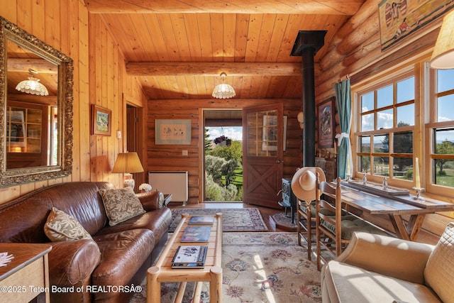 53 Schenck Ln, Dubois, WY 82513 - living room with rustic walls, hardwood / wood-style floors, a wood stove, and a wooden ceiling with exposed beams
