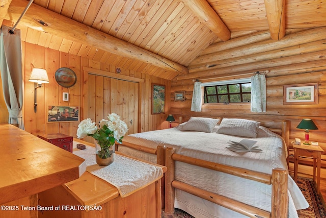 53 Schenck Ln, Dubois, WY 82513 - bedroom featuring wooden ceiling and rustic walls