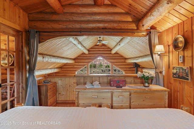 53 Schenck Ln, Dubois, WY 82513 - bedroom featuring log walls, wood ceiling, and wooden walls