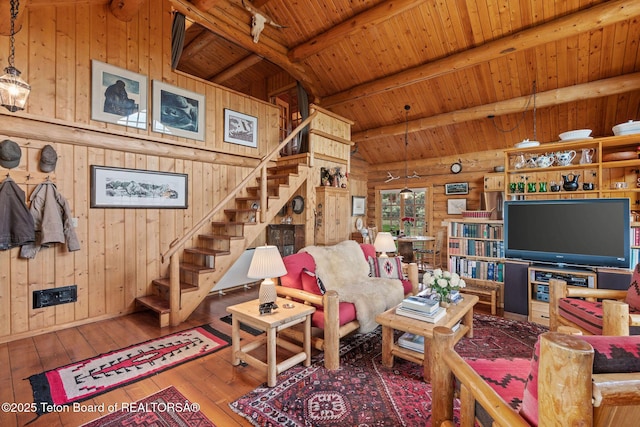 53 Schenck Ln, Dubois, WY 82513 - living area with stairway, wood walls, wood-type flooring, and wooden ceiling