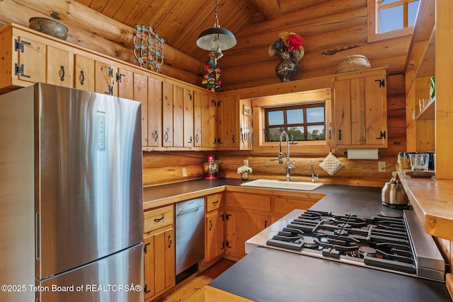 53 Schenck Ln, Dubois, WY 82513 - kitchen with appliances with stainless steel finishes, log walls, plenty of natural light, wood ceiling, and decorative light fixtures