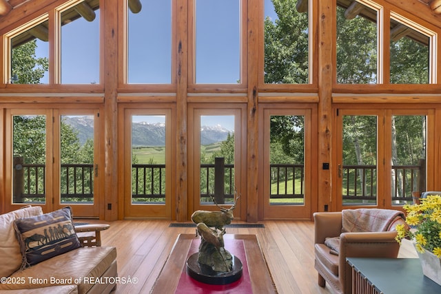 1520 N Pratt Rd, Jackson, WY 83001 - living room with a high ceiling, light wood-style flooring, and a mountain view