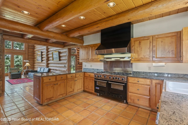 1520 N Pratt Rd, Jackson, WY 83001 - kitchen with rustic walls, double oven range, wall chimney exhaust hood, recessed lighting, and a peninsula