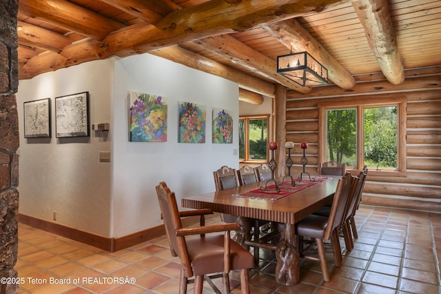 1520 N Pratt Rd, Jackson, WY 83001 - tiled dining room with a wood ceiling with exposed beams and log walls