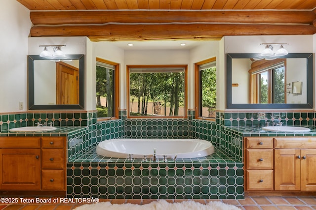 1520 N Pratt Rd, Jackson, WY 83001 - full bathroom with healthy amount of natural light, two vanities, a garden tub, and rustic walls