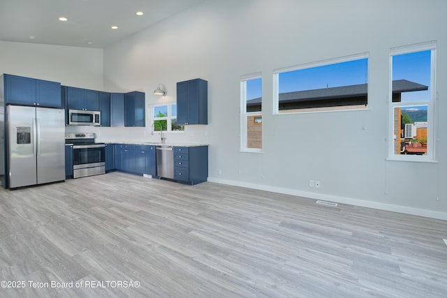 436 E Little Ave, Driggs, ID 83422 - kitchen with appliances with stainless steel finishes, blue cabinetry, high vaulted ceiling, light wood-style flooring, and light countertops
