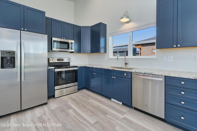 436 E Little Ave, Driggs, ID 83422 - kitchen featuring appliances with stainless steel finishes, blue cabinetry, light wood-style flooring, and light stone countertops
