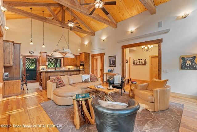 445 Aspen Ridge Trl, Alpine, WY 83128 - living room featuring a ceiling fan, light wood-style flooring, a wood ceiling with exposed beams, and high vaulted ceiling