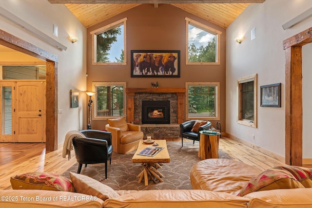 445 Aspen Ridge Trl, Alpine, WY 83128 - living area with wooden ceiling, wood finished floors, a fireplace, plenty of natural light, and high vaulted ceiling