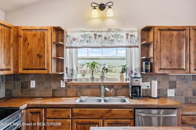 25 Neosha Trl, Boulder, WY 82923 - kitchen with open shelves, stainless steel appliances, brown cabinets, and lofted ceiling