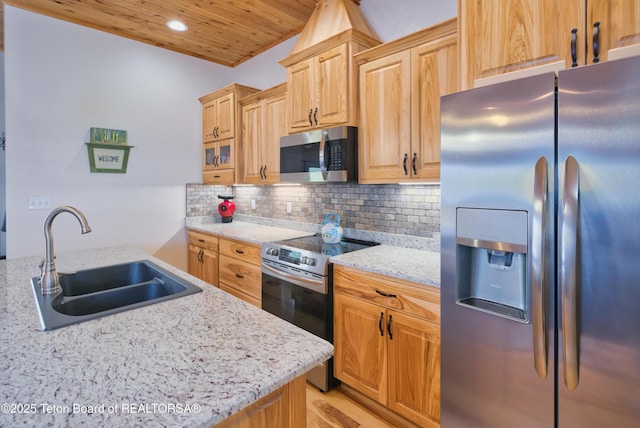 3139 Swan Valley Hwy, Swan Valley, ID 83449 - kitchen featuring stainless steel appliances, wooden ceiling, decorative backsplash, recessed lighting, and light stone counters