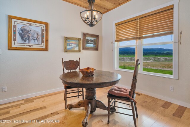 3139 Swan Valley Hwy, Swan Valley, ID 83449 - dining area with a chandelier, wooden ceiling, and wood finished floors
