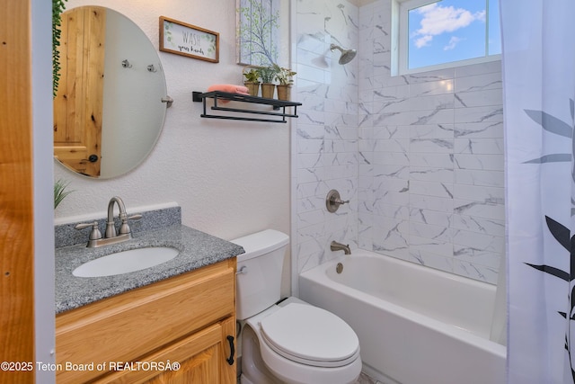 3139 Swan Valley Hwy, Swan Valley, ID 83449 - bathroom with shower / bath combination with curtain, vanity, and a textured wall