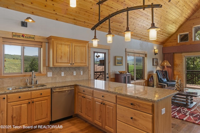 1802 Dusty Trl, Auburn, WY 83111 - kitchen with stainless steel dishwasher, wood ceiling, light wood-style flooring, a peninsula, and light stone countertops