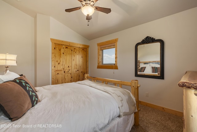 1802 Dusty Trl, Auburn, WY 83111 - bedroom featuring carpet floors, lofted ceiling, and a ceiling fan