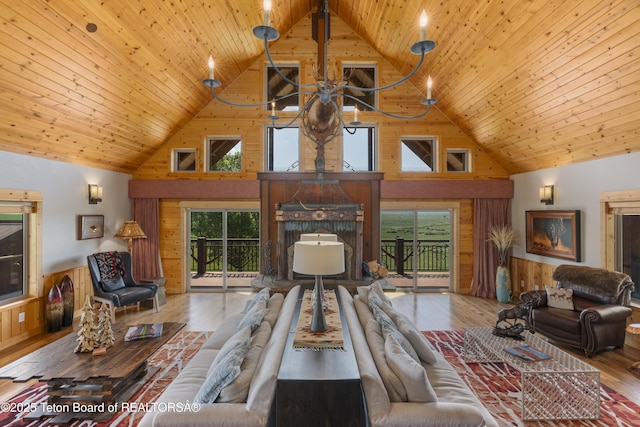 1802 Dusty Trl, Auburn, WY 83111 - living room featuring high vaulted ceiling, wood finished floors, wood ceiling, and wood walls