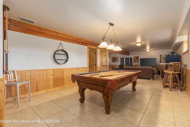 1802 Dusty Trl, Auburn, WY 83111 - rec room featuring a wainscoted wall, wooden walls, billiards table, and light tile patterned flooring