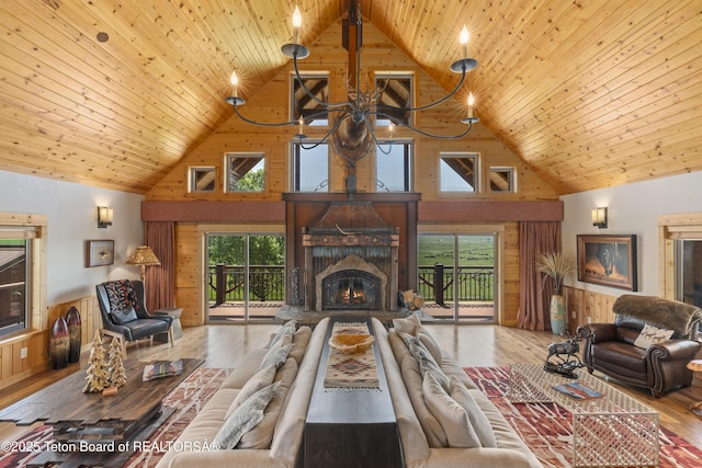 1802 Dusty Trl, Auburn, WY 83111 - living area featuring high vaulted ceiling, wood finished floors, wood ceiling, a fireplace, and wood walls