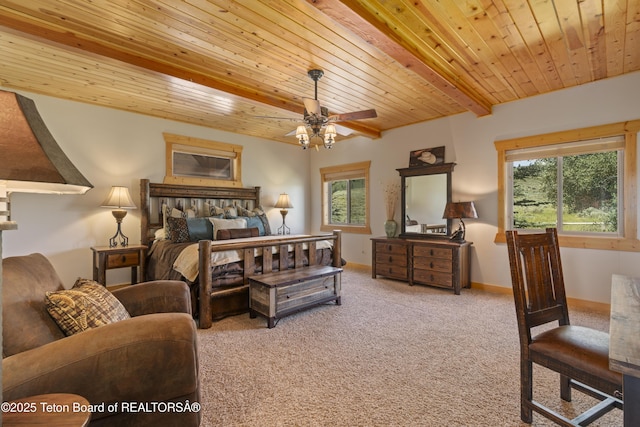 1802 Dusty Trl, Auburn, WY 83111 - bedroom featuring carpet, multiple windows, wood ceiling, and a ceiling fan
