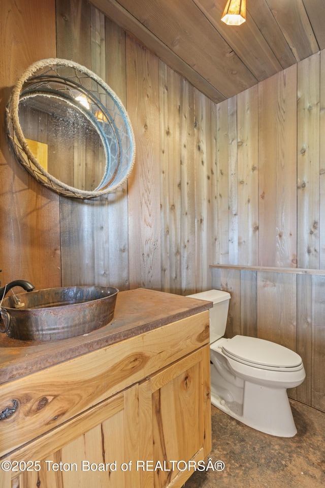 1802 Dusty Trl, Auburn, WY 83111 - bathroom featuring vanity, wooden walls, and wood ceiling