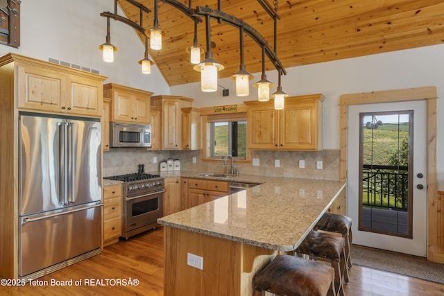 1802 Dusty Trl, Auburn, WY 83111 - kitchen with premium appliances, a peninsula, vaulted ceiling, light brown cabinets, and plenty of natural light
