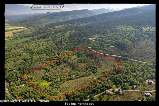 4821 S 2000 E, Victor, ID 83455 - aerial view of property and surrounding area featuring a mountainous background and property parcel outlined