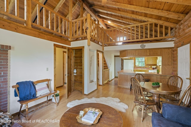 4821 S 2000 E, Victor, ID 83455 - living area with a wooden ceiling with exposed beams, stairway, light wood-type flooring, and high vaulted ceiling