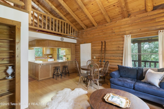 4821 S 2000 E, Victor, ID 83455 - living area with wood ceiling, light wood-style flooring, and rustic walls