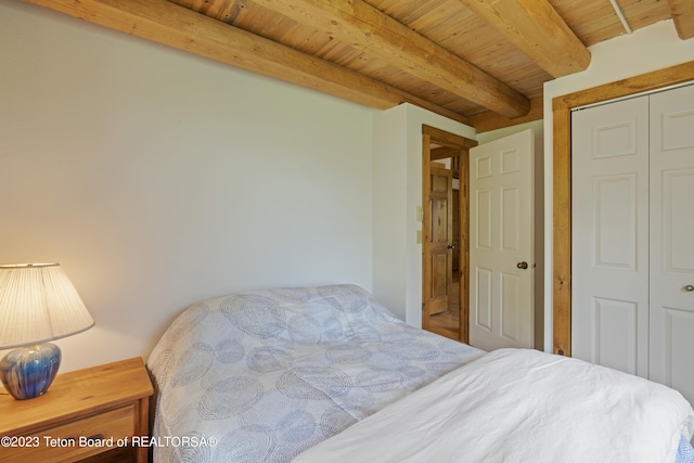 4821 S 2000 E, Victor, ID 83455 - bedroom featuring a wooden ceiling with exposed beams and a closet