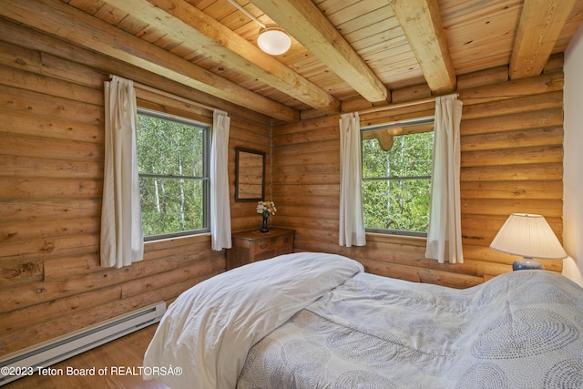 4821 S 2000 E, Victor, ID 83455 - bedroom featuring baseboard heating, a wooden ceiling with exposed beams, wood finished floors, and rustic walls