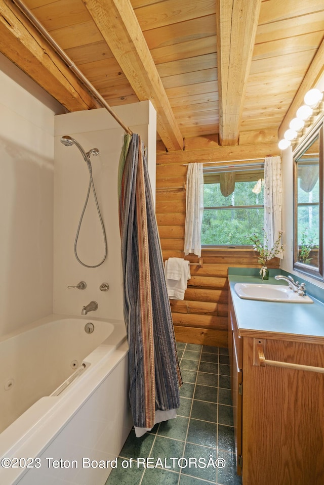 4821 S 2000 E, Victor, ID 83455 - full bath with vanity, healthy amount of natural light, rustic walls, a wooden ceiling with exposed beams, and a combined bath / shower with jetted tub
