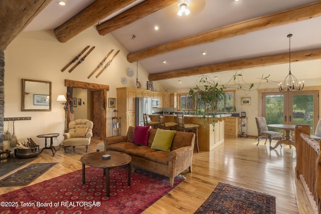 73657339 Summer Breeze Trl, Tetonia, ID 83452 - living area featuring recessed lighting, light wood-style floors, beam ceiling, a chandelier, and high vaulted ceiling
