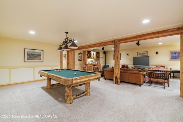 73657339 Summer Breeze Trl, Tetonia, ID 83452 - playroom featuring light colored carpet, billiards table, recessed lighting, and wainscoting