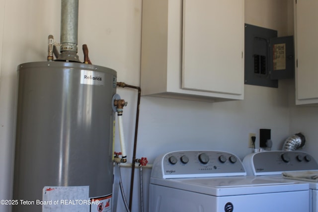 216 E Birch St, Labarge, WY 83123 - laundry room featuring gas water heater, washing machine and clothes dryer, cabinet space, and electric panel