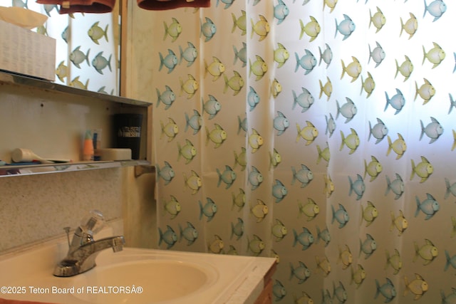 216 E Birch St, Labarge, WY 83123 - bathroom featuring a shower with shower curtain and vanity